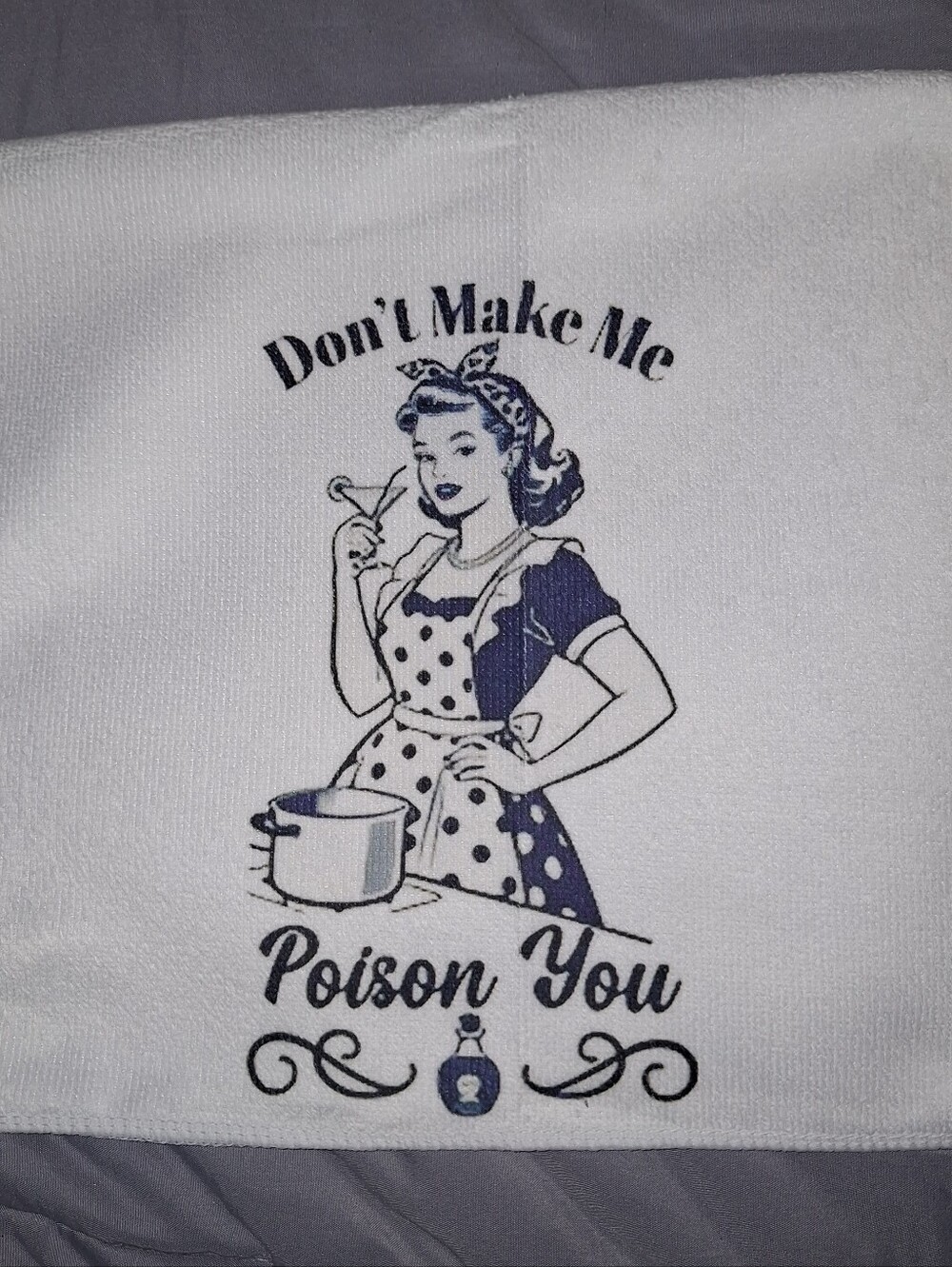 Retro Homemaker 'Don't Make Me Poison You' Tea Towel - White & Navy